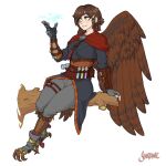  1girl artist_name belt belt_pouch bird_legs brown_hair brown_wings electricity feathered_wings freckles hammer harpy highres monster_girl original pouch shardanic simple_background sitting_on_branch solo talons utility_belt vambraces vial white_background wings yellow_eyes 