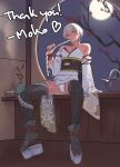  1boy bishounen bulge commentary copyright_request detached_sleeves highres holding japanese_clothes kettle kimono long_sleeves male_focus mokotoko9 moon night obi okobo sandals sash short_hair sitting solo vase yellow_eyes 