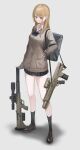  1girl absurdres bag black_skirt black_socks blonde_hair blue_bow blue_bowtie bow bowtie brown_cardigan brown_footwear cardigan check_weapon collared_shirt commentary_request desert_tech_srs earrings elcan_scope from_side full_body gun_sling hair_over_shoulder highres jewelry kneehighs loafers long_hair long_sleeves looking_at_viewer loose_bowtie loose_socks magazine_(weapon) miniskirt original pleated_skirt pout red_eyes school_uniform shirt shoes shoulder_bag sidelocks skirt sleeves_past_wrists socks solo standing suppressor swept_bangs weapon_request white_shirt yakupan 