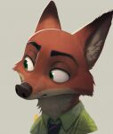anthro brown_body brown_fur bust_portrait canid canine clothed clothing disney eyebrows fox fur green_eyes grey_background male mammal multicolored_body multicolored_fur necktie nick_wilde orange_body orange_fur portrait shirt signature simple_background solo thehumancopier topwear white_body white_fur zootopia