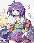  1girl absurdres blue_hair blush cloak eyebrows_visible_through_hair highres laoshezhang looking_at_viewer multicolored_clothes multicolored_headwear open_mouth pointing pointing_up purple_eyes solo tenkyuu_chimata touhou unconnected_marketeers v-shaped_eyebrows 