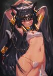 1girl animal_ears ankh anubis armlet armpits arms_up bangs black_hair blunt_bangs blush breasts cat_ears cat_girl cat_tail closed_mouth dancer dark-skinned_female dark_skin egyptian egyptian_clothes egyptian_mythology eyebrows_visible_through_hair fang gold harem_outfit highres komiya_nigi long_hair looking_at_viewer navel original panties revealing_clothes sidelocks sling_bikini_top small_breasts smile solo standing stomach tail tail_ornament tail_ring underwear usekh_collar very_long_hair white_panties yellow_eyes 