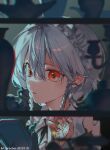  1girl absurdres artist_name black_ribbon blood braid candle candlestand chromatic_aberration close-up closed_mouth dated expressionless grey_hair highres holding holding_pocket_watch indoors izayoi_sakuya lizhi004717 looking_at_viewer maid maid_headdress neck_ribbon pocket_watch ribbon shelf short_hair short_hair_with_long_locks solo touhou twin_braids upper_body vase watch 