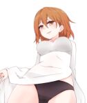  1girl ao_dai black_panties blurry blush bralines breasts brown_eyes brown_hair commentary_request covered_navel cowboy_shot depth_of_field dress from_below hair_between_eyes i.u.y large_breasts long_bangs long_sleeves looking_at_viewer medium_hair messy_hair misaka_worst panties panties_day parted_lips partial_commentary simple_background smile solo toaru_majutsu_no_index toaru_majutsu_no_index:_new_testament underwear white_background white_dress 