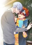  2boys absurdres blue_eyes blue_hair board book glasses hair_between_eyes hasegawa_langa headband highres hood hoodie jacket kyan_reki long_sleeves messy_hair multiple_boys open_mouth orange_eyes red_hair shirt short_hair sk8_the_infinity uppi yaoi 