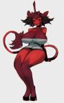  2018 big_breasts black_hair blush breasts digital_media_(artwork) female hair hi_res hooves horn humanoid indigo_cho looking_aside red_body simple_background smile solo species_request tusks white_background 