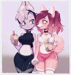  2019 anthro beverage blue_eyes blush bottomwear breasts brown_body brown_fur bubble_tea canid canine canis clothing collar digital_media_(artwork) domestic_dog duo female female/female fur grey_hair hair hand_holding hi_res holding_beverage holding_object indigo_cho mammal navel pink_bottomwear pink_clothing pink_eyes pink_hair pink_shorts ponytail short_hair shorts slightly_chubby smile 