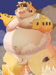  2022 anthro balls belly big_belly blush cute_fangs felid flaccid genitals hi_res humanoid_hands kemono male mammal moobs navel nipples outside overweight overweight_male pantherine penis puss3250 small_penis solo steam tiger towel towel_on_shoulder water 