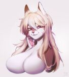  anthro big_breasts blonde_hair breasts bust_portrait canid canine female fingerpads green_eyes hair hi_res indigo_cho looking_at_viewer mammal nude pawpads portrait simple_background smile solo white_background 