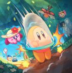  &gt;_&lt; :o bandana bandana_waddle_dee blue_bandana blue_eyes blush_stickers brown_eyes butterfly_net catching commentary_request elfilin flower gooey_(kirby) grass hand_net hat hat_flower holding holding_butterfly_net kirby kirby_(series) leaf no_humans open_mouth outdoors path rhinoceros_beetle star_(symbol) straw_hat suyasuyabi twitter_username waddle_dee 