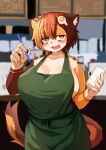  2022 5_fingers absurd_res accessory akamu_ver20 anthro apron apron_only big_breasts blush breasts brown_body brown_fur brown_hair calico-chan_(akamu_ver20) calico_cat claws cleavage clothed clothing container cup cute_fangs domestic_cat felid feline felis female finger_claws fingers fur green_apron hair hair_accessory half-closed_eyes half-length_portrait hi_res holding_object i_mean_breast_milk kemono looking_at_viewer mammal meme mostly_nude mottled multicolored_body multicolored_fur multicolored_hair multicolored_tail narrowed_eyes open_mouth orange_body orange_eyes orange_fur orange_hair pawpads pen piebald portrait short_hair solo white_body white_fur writing_utensil 