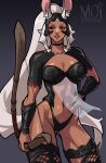  1girl absurdres animal_ears arm_guards ass_visible_through_thighs bow_(weapon) breasts cleavage dark-skinned_female dark_skin ears_through_headwear female_pubic_hair final_fantasy final_fantasy_xii fingernails fran_(ff12) grey_hair helmet highres holding holding_bow_(weapon) holding_weapon long_fingernails long_hair looking_to_the_side moi_yablochki navel pubic_hair pubic_hair_peek rabbit_ears red_eyes revealing_clothes sharp_fingernails shrug_(clothing) solo stomach thighhighs very_long_hair viera weapon 