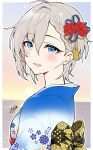  1girl 2025 absurdres ahoge anastasia_(idolmaster) asymmetrical_bangs blue_eyes blush border commentary_request earrings floral_print flower gradient_clothes grey_hair hair_flaps hair_flower hair_ornament highres horizon idolmaster idolmaster_cinderella_girls jewelry looking_at_viewer looking_to_the_side outline popon_ta short_hair signature smile solo stud_earrings sunrise white_border white_outline 