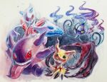  absurdres chandelure claws commentary_request fire froslass gengar highres masshu_(shu_123426) mimikyu no_humans painting_(medium) pokemon pokemon_(creature) red_eyes smile teeth tongue tongue_out traditional_media watercolor_(medium) 