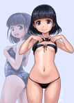  1girl artist_name ass bangs bikini black_bikini black_eyes black_hair black_swimsuit blunt_bangs clothes_lift commentary_request competition_school_swimsuit cowboy_shot flat_chest front-tie_top half_updo highres looking_at_viewer multiple_views navel open_mouth original rohitsuka round_teeth school_swimsuit shirt_lift short_hair smile swimsuit teeth upper_teeth wet wet_clothes wet_swimsuit 