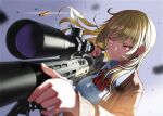  1girl blonde_hair bow bowtie brown_cardigan cardigan collared_shirt commentary_request desert_tech_srs determined dress_shirt earrings floating_hair glowing glowing_eye grey_background hair_over_one_eye highres jewelry long_hair long_sleeves looking_at_viewer multiple_earrings open_cardigan open_clothes original red_bow red_bowtie red_eyes scope shell_casing shirt sidelocks solo suppressor upper_body white_shirt yakupan 