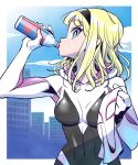  bangs black_hairband blonde_hair blue_eyes blue_sky bottle breasts building cityscape cloud costume drinking eyebrows_visible_through_hair hairband highres looking_at_viewer looking_to_the_side marvel mask mask_removed medium_breasts messy_hair short_hair sky spider-gwen spider-man:_into_the_spider-verse spider-man_(series) sunafuki_tabito sweat turning_head water_bottle western_comics_(style) 