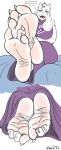  2022 3_toes anthro between_toes blue_eyes blushing_soles boss_monster bovid breasts caprine claws clothing dialogue dress feet female floppy_ears foot_focus fur goat hi_res humanoid_feet looking_at_viewer mammal pink_soles purple_clothing purple_dress solo toe_claws toe_curl toes toriel undertale undertale_(series) video_games white_body white_fur wrinkled_feet zp92 