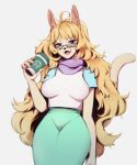  2018 5_fingers anthro beverage black_nose blonde_hair breasts clothing cute_fangs domestic_cat felid feline felis fingers fur hair hi_res holding_beverage holding_object indigo_cho long_hair looking_at_viewer mammal open_mouth scarf shirt simple_background smile square_glasses tan_body tan_fur topwear white_background 