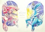  black_sclera claws colored_sclera commentary_request copyright_name dated dialga highres masshu_(shu_123426) no_humans painting_(medium) palkia pokemon pokemon_(creature) red_eyes spikes traditional_media watercolor_(medium) 