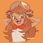  2019 anthro black_nose blush bow_tie brown_body brown_fur brown_hair bust_portrait canid canine canis clothing digital_media_(artwork) domestic_dog female fingerpads fur green_eyes hair hi_res indigo_cho looking_at_viewer mammal orange_background pawpads portrait shirt simple_background smile solo topwear white_clothing white_shirt white_topwear young 