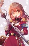  1girl bangs belt black_belt breasts brown_bag brown_hair coat commentary_request cowboy_shot epaulettes eyebrows_visible_through_hair gloves hair_between_eyes hohohoi holding holding_staff long_hair looking_at_viewer medium_breasts ragnarok_online ragnarok_origin red_coat solo staff whistle white_gloves 