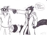  2009 absurd_res anthro assassin black_and_white black_body black_ears black_fur black_nose black_tail bottomwear cheek_tuft claws clenched_teeth clothed clothing coat countershade_neck countershading dialogue duo emanata eye_contact eyewear facial_markings facial_tuft fist fluffy fluffy_tail fur fur_standing_on_end glasses gulonine gun handgun head_markings hi_res holding_gun holding_handgun holding_object holding_ranged_weapon holding_revolver holding_weapon imminent_death imminent_murder inner_ear_fluff jack_salem long_tail looking_at_another male mammal markings marten mask_(marking) monochrome multicolored_body multicolored_fur murderer mustelid musteline pants pince-nez pointing_gun procyonid puffed_tail raccoon ranged_weapon revolver roz_gibson sable_(marten) scared scared_expression scared_shitless shirt signature simple_background speech_bubble standing striped_markings striped_tail stripes tail tail_markings teeth topwear traditional_media_(artwork) trenchcoat tuft two_tone_body two_tone_fur victim weapon whiskers white_background white_body white_clothing white_fur white_shirt white_topwear wide_eyed zapher 