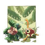  black_eyes border closed_mouth commentary_request highres ivysaur leaf masshu_(shu_123426) no_humans pokemon pokemon_(creature) red_eyes shuckle smile thank_you white_border 