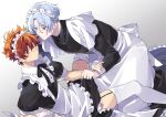  2boys blue_eyes blue_hair bow bowtie closed_mouth dress grey_background hair_between_eyes hasegawa_langa headband highres kyan_reki long_sleeves maid multiple_boys otoko_no_ko pantyhose red_hair short_hair sk8_the_infinity smile tagme twitter_username uppi yaoi 