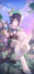  1boy black_hair blue_eyes braid cape cloud cloudy_sky collared_cape crossed_legs feet flower foot_focus frilled_sleeves frills genshin_impact gradient_hair grass green_cape green_headwear green_shorts highres icecake long_sleeves looking_at_viewer lyre multicolored_hair no_shoes shoes shoes_removed short_hair_with_long_locks shorts sitting sky soles solo toes venti_(genshin_impact) white_legwear 