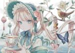  1girl bangs bird blonde_hair blue_eyes blue_headwear branch bug butterfly buttons closed_eyes commentary_request cup face flower hair_flower hair_ornament holding holding_cup holding_saucer lamp leaf lolita_fashion long_hair long_sleeves looking_at_viewer original saucer shirt solo tassel tea tsurime upper_body white_shirt zoff_(daria) 
