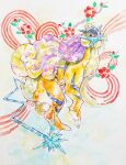  claws commentary_request flower highres leaf looking_at_viewer masshu_(shu_123426) no_humans painting_(medium) pokemon pokemon_(creature) raikou red_eyes red_flower solo traditional_media tusks watercolor_(medium) 