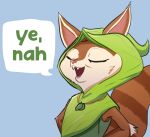  anthro clothing dialogue dota eyes_closed fangs female hi_res hitsuji hoodie hoodwink_(dota) jewelry leaf_clothing mammal necklace pink_nose rodent sciurid simple_background solo text topwear tree_squirrel video_games 