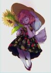  2018 absurd_res anthro breasts clothing dress eyes_closed female flower footwear hair hi_res holding_flower holding_object indigo_cho lagomorph leporid mammal pink_hair plant rabbit shoes simple_background smile solo sun_hat sunflower white_background 