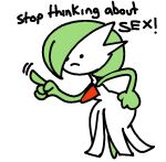  4_fingers chest_spike clothed clothing dialogue dot_eyes dress english_text featureless_feet female fingers fist fist_on_own_hip frown gardevoir gesture green_body green_hair green_skin hair hand_on_hip hand_on_own_hip looking_at_viewer meme motion_lines mouth_closed nintendo pointing pok&eacute;mon pok&eacute;mon_(species) pseudo_clothing red_spikes sad short_hair simple_background simple_eyes simple_face solo spikes spikes_(anatomy) standing stop_thinking_about_sex talking_to_viewer text video_games vilepluff white_background white_body white_clothing white_dress white_skin wide_hips 