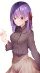  1girl absurdres bangs blouse blush braid brown_shirt collared_shirt fate/stay_night fate_(series) hair_ribbon highres long_hair long_sleeves looking_at_viewer matou_sakura purple_hair red_ribbon ribbon shirt simple_background skirt smile solo white_background yellow_skirt yuunamida_uyu 