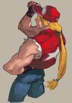 baseball_cap blonde_hair denim english_commentary fatal_fury fatal_fury_cap fingerless_gloves fl_(l-fl) gloves hat jacket jeans long_hair muscular muscular_male pants perspective ponytail red_jacket simple_background solo terry_bogard 