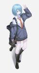  1girl ar-15 backpack bag black_footwear black_skirt black_socks blue_eyes blue_hair collared_shirt commentary_request english_commentary full_body grey_jacket gun hair_between_eyes hand_up highres holding holding_gun holding_weapon hood hood_down hooded_jacket jacket kneehighs light_blue_hair loose_necktie magazine_(weapon) medium_hair miniskirt mixed-language_commentary necktie open_bag orange_necktie original partially_open_jacket pleated_skirt rifle shadow shirt shoes single_off_shoulder skirt sleeves_past_wrists smile sneakers socks solo standing trigger_discipline weapon white_shirt yakupan 
