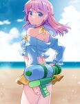  1girl bangs beach bikini blue_bikini blue_eyes blue_sky braid breasts cloud commentary_request cowboy_shot day expressionless eyebrows_visible_through_hair french_braid highres hohohoi holding holding_water_gun horizon long_hair long_sleeves looking_at_viewer looking_back medium_breasts off_shoulder open_mouth outdoors pink_hair ragnarok_online ragnarok_origin sky solo sunlight swimsuit water water_gun 