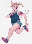  2018 5_fingers absurd_res anthro blonde_hair bottomwear clothing digital_media_(artwork) domestic_pig earbuds female fingers hair headphones hi_res indigo_cho mammal open_mouth pigtails pink_body running running_shoes shorts simple_background slightly_chubby solo suid suina sus_(pig) white_background 