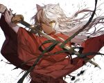  1boy animal_ears inuyasha inuyasha_(character) japanese_clothes long_hair looking_at_viewer male_focus pose sukja sword weapon white_hair wolf_ears yellow_eyes 