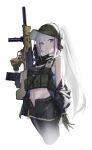  1girl absurdres alternate_costume ammunition_pouch assault_rifle asymmetrical_gloves bandana bandana_around_neck baseball_cap black_jacket black_pantyhose black_shorts blue_eyes blunt_bangs breasts chest_rig cowboy_shot cropped_legs desert_tech_mdr fingerless_gloves girls'_frontline gloves green_bandana green_gloves green_hat gun hat headphones highres holding holding_gun holding_weapon jacket long_hair looking_at_viewer magazine_(weapon) mdr_(girls'_frontline) medium_breasts midriff navel off_shoulder open_clothes open_jacket pantyhose parted_lips pmag ponytail pouch purple_eyes rifle scope short_shorts shorts sidelocks simple_background solo sports_bra standing suppressor unzipped very_long_hair weapon white_background white_hair yakupan 