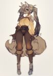  2018 anthro armor boots bottomwear breasts brown_body brown_fur brown_hair canid clothing digital_media_(artwork) female fingerless_gloves footwear fur gloves hair handwear indigo_cho looking_at_viewer mammal multi_tail pants pauldron pigtails simple_background smile solo white_background 