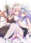  2girls anchor_choker apron azur_lane black_hairband breasts brown_dress center_frills choker clothing_cutout dido_(azur_lane) dress flower frilled_choker frills from_behind hairband imo_bouya lace-trimmed_hairband lace_trim large_breasts lily_(flower) looking_at_viewer looking_back multiple_girls puffy_short_sleeves puffy_sleeves red_eyes ribbon-trimmed_legwear ribbon_trim short_hair short_sleeves sirius_(azur_lane) sleeveless sleeveless_dress sword thighhighs underboob underboob_cutout waist_apron weapon white_apron white_flower white_hair white_legwear yuri 