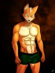  abs absurd_res anthro axxxonn bulge canid canine clothed clothing fox fox_mccloud fur genital_outline green_eyes hi_res male mammal muscular muscular_anthro muscular_male nintendo orange_body orange_fur pecs penis_outline shirtless shirtless_anthro shirtless_male simple_background solo star_fox topless underwear video_games 