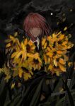  1girl absurdres artist_name black_necktie black_suit chainsaw_man cloud dowan_n flower formal grass grassy highres holding holding_flower long_hair looking_down makima_(chainsaw_man) moon necktie night red_hair ringed_eyes solo suit sunflower yellow_eyes yellow_flower 