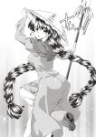  0-den 1girl absurdres ajirogasa blush_stickers braid breasts capelet dress eyebrows_visible_through_hair foot_out_of_frame greyscale hat highres large_breasts long_earlobes long_hair long_sleeves looking_back monochrome open_mouth solo sparkle touhou twin_braids yatadera_narumi 
