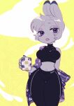  2018 anthro big_breasts black_bottomwear black_clothing black_pants bottomwear breasts canid chibi clothing cute_fangs dipstick_ears female hair hi_res holding_mug holding_object indigo_cho mammal mug multicolored_ears open_mouth pants purple_eyes shirt short_hair simple_background solo topwear yellow_background 