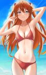  1girl absurdres arm_behind_head arms_up bangs beach bikini blue_sky blush breasts closed_mouth cloud cowboy_shot day hair_between_eyes hair_ornament highres huziko32 long_hair looking_at_viewer medium_breasts navel neon_genesis_evangelion ocean orange_hair outdoors red_bikini sky solo souryuu_asuka_langley stomach swimsuit two_side_up v-shaped_eyebrows wavy_mouth 