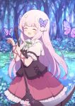  1girl ^_^ arm_ribbon blunt_bangs blush bow bowtie bug butterfly butterfly_hair_ornament closed_eyes commission facing_viewer flower forest frilled_skirt frilled_sleeves frills green_bow green_bowtie hair_flower hair_ornament highres holding_sickle iriam long_hair nature open_mouth outdoors pond puffy_short_sleeves puffy_sleeves purple_butterfly red_ribbon red_skirt ribbon shirt short_sleeves skeb_commission skirt solo spice_(vtuber) standing tyomimas very_long_hair virtual_youtuber white_shirt yohane_shiroru 